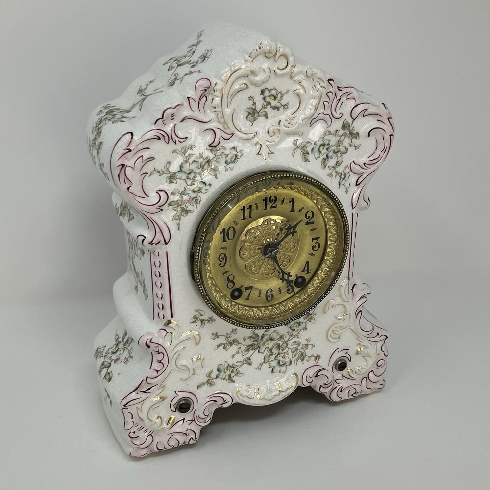 Vintage Waterbury Porcelain Mantel Clock Floral China Case Works Untested